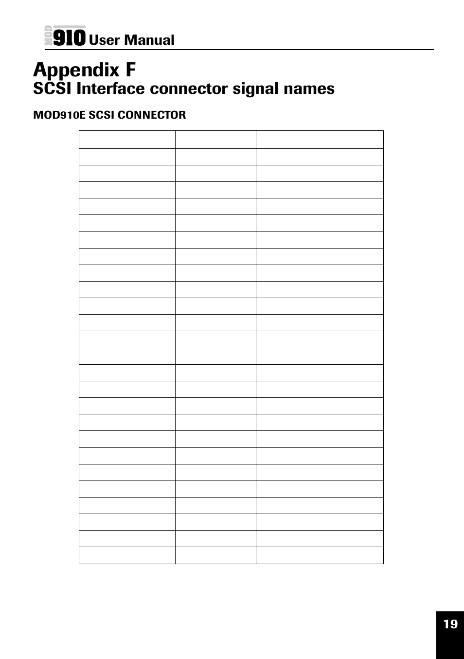 Appendix f, Scsi interface connector signal names, User manual | Plasmon MOD 910 User Manual | Page 28 / 33