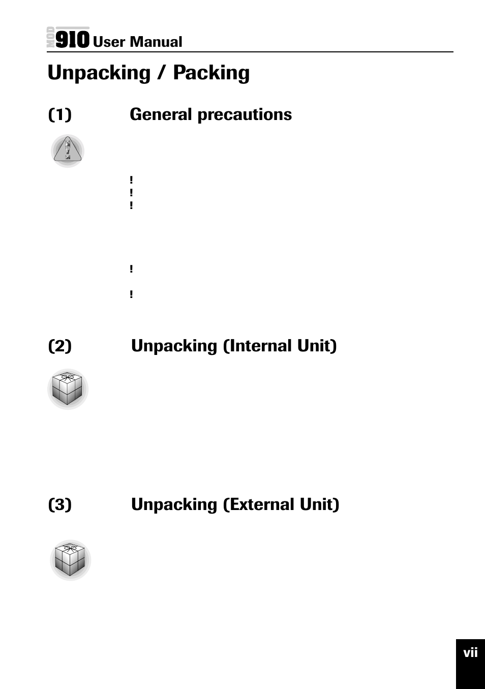 Unpacking / packing, 1) general precautions, 2) unpacking (internal unit) | 3) unpacking (external unit) | Plasmon MOD 910 User Manual | Page 8 / 33