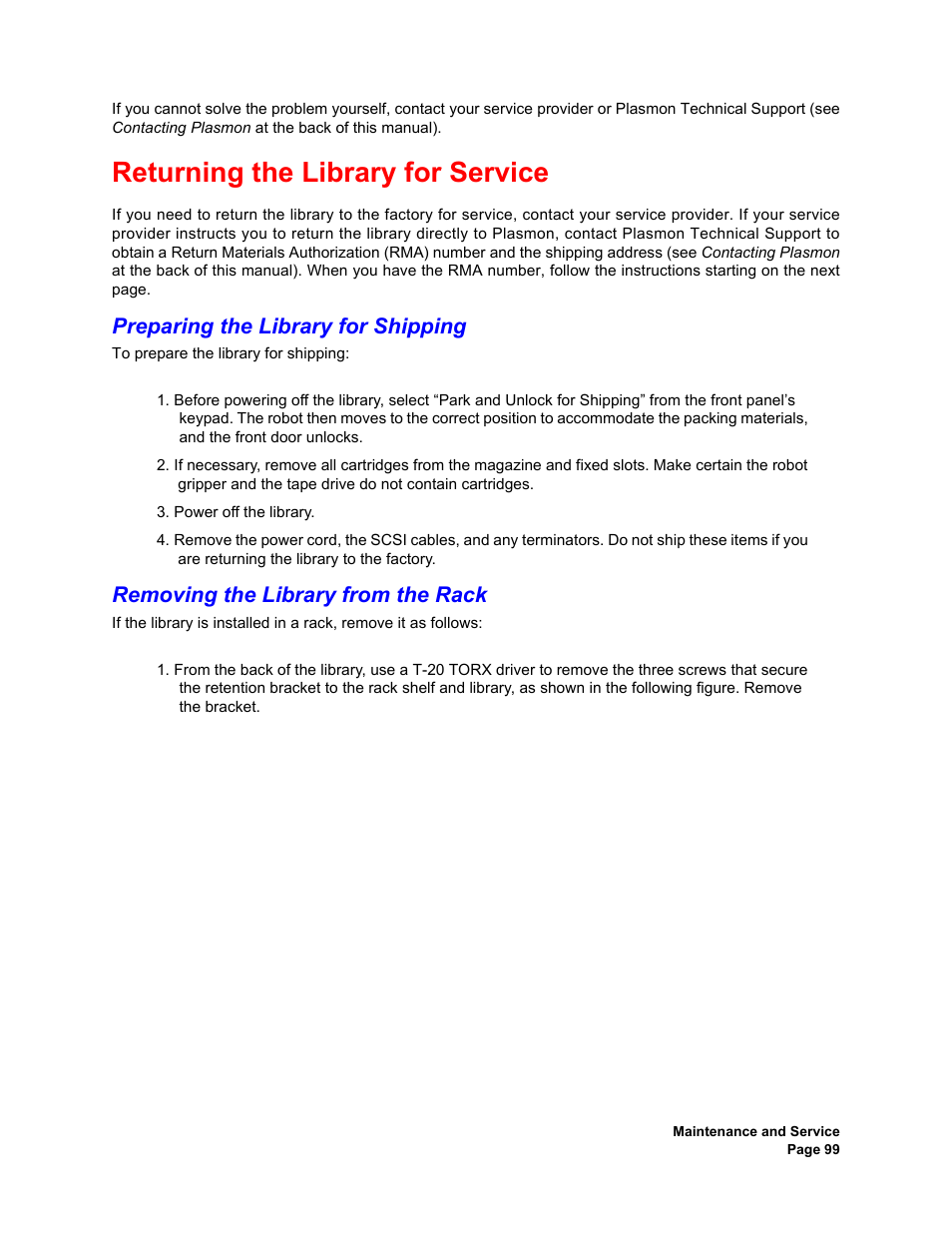 Returning the library for service, Preparing the library for shipping, Removing the library from the rack | Plasmon V15 User Manual | Page 101 / 138