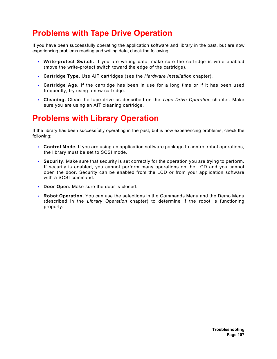 Problems with tape drive operation, Problems with library operation | Plasmon V15 User Manual | Page 109 / 138