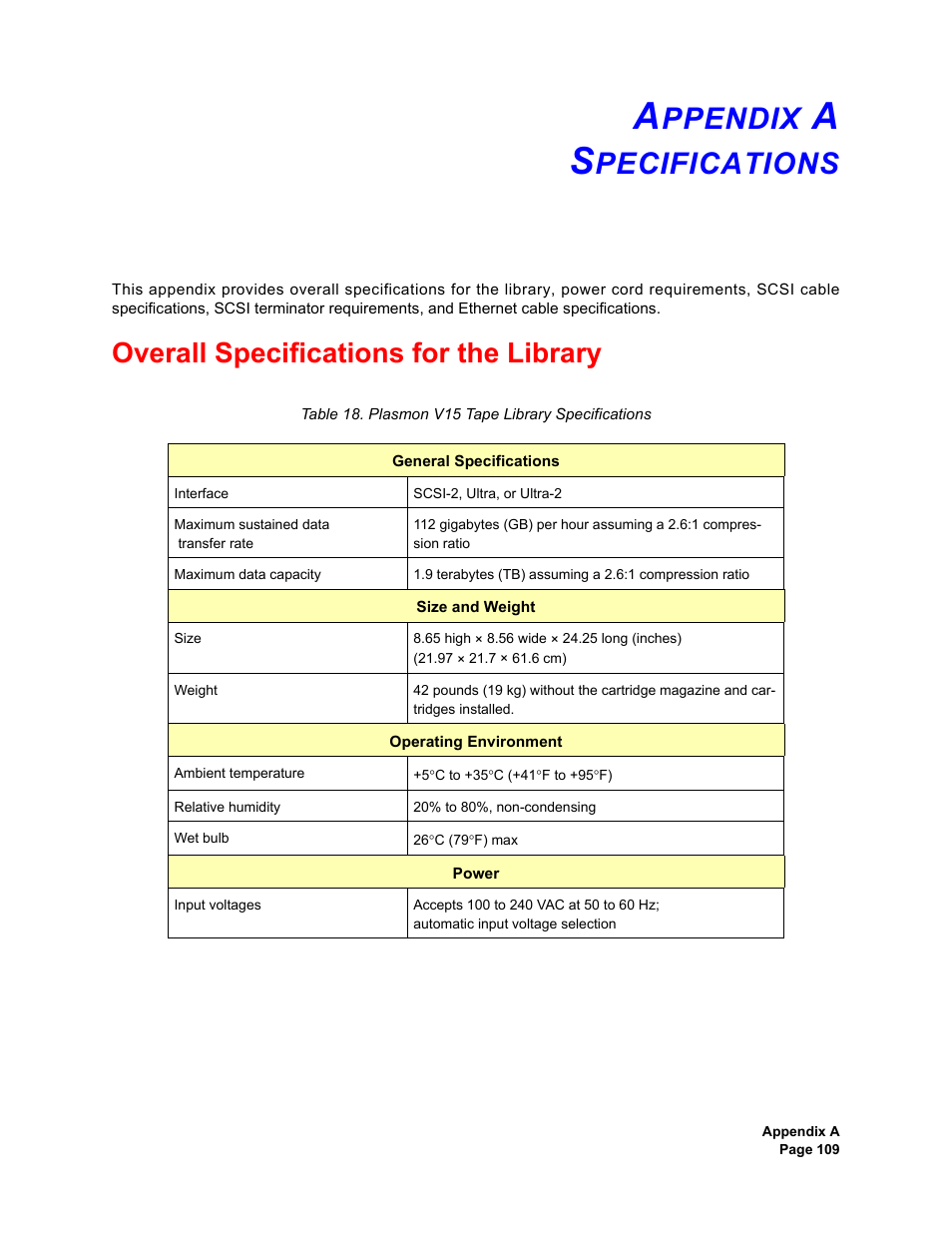 Appendix a specifications, Overall specifications for the library, Ppendix | Pecifications, Plasmon v15 tape library specifications | Plasmon V15 User Manual | Page 111 / 138