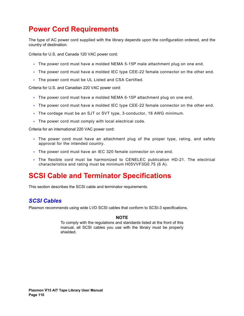 Power cord requirements, Scsi cable and terminator specifications, Scsi cables | Plasmon V15 User Manual | Page 112 / 138