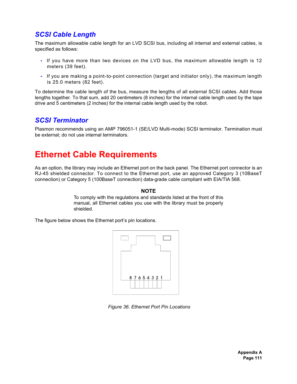 Scsi cable length, Scsi terminator, Ethernet cable requirements | Scsi cable length scsi terminator, Ethernet port pin locations | Plasmon V15 User Manual | Page 113 / 138