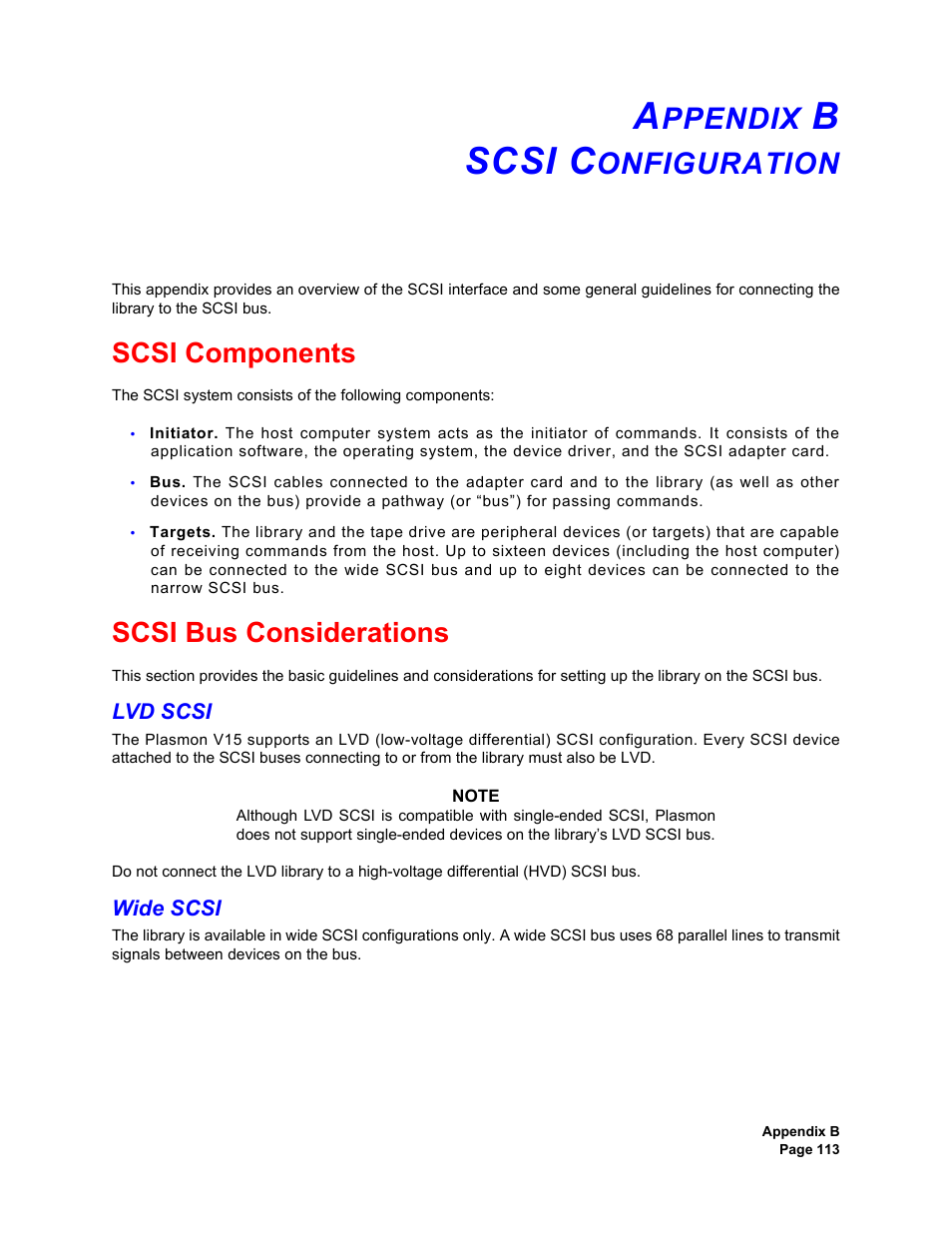Appendix b scsi configuration, Scsi components, Scsi bus considerations | Lvd scsi, Wide scsi, Ppendix, Scsi c, Onfiguration, Scsi components scsi bus considerations, Lvd scsi wide scsi | Plasmon V15 User Manual | Page 115 / 138
