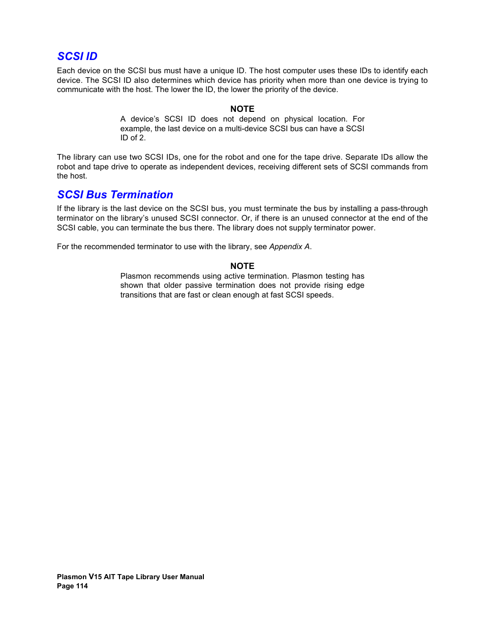 Scsi id, Scsi bus termination, Scsi id scsi bus termination | Plasmon V15 User Manual | Page 116 / 138