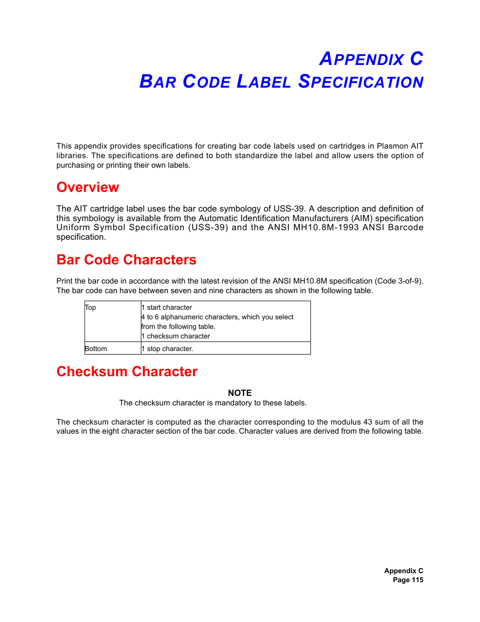 Appendix c bar code label specification, Overview, Bar code characters | Checksum character, Ppendix, Abel, Pecification, Overview bar code characters checksum character | Plasmon V15 User Manual | Page 117 / 138