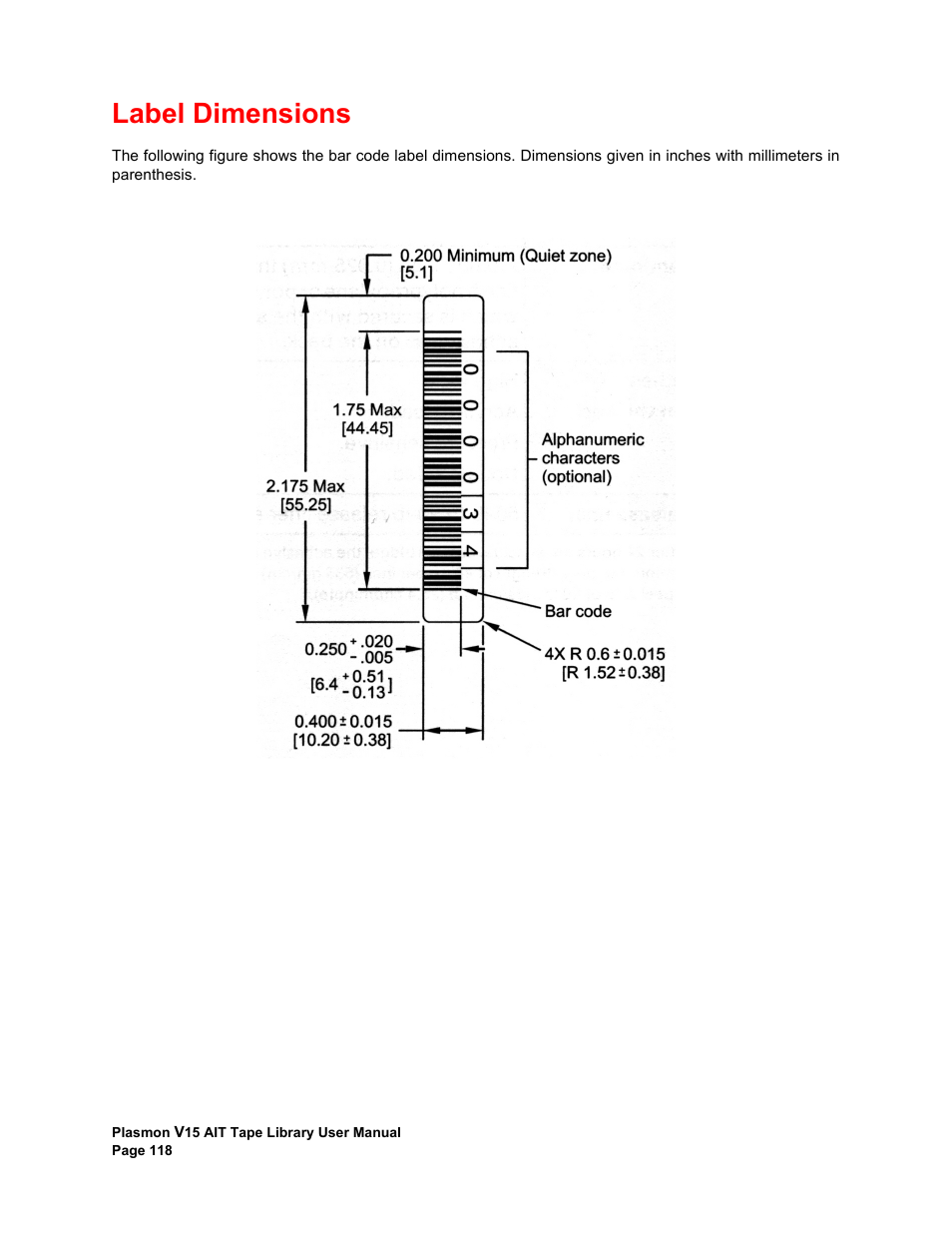 Label dimensions | Plasmon V15 User Manual | Page 120 / 138