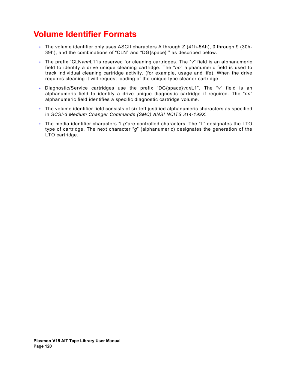 Volume identifier formats | Plasmon V15 User Manual | Page 122 / 138