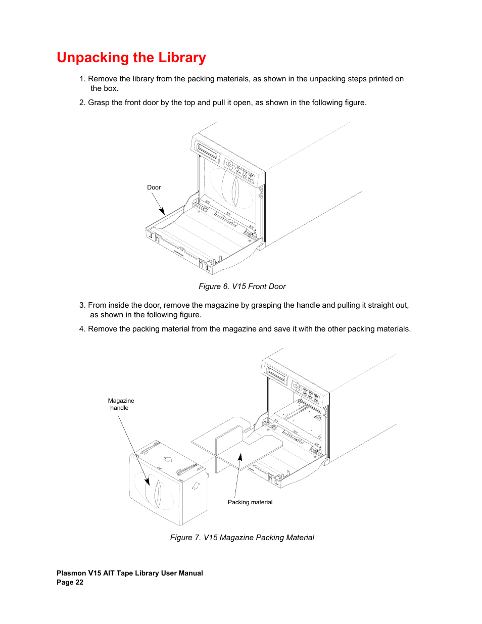 Unpacking the library, V15 front door v15 magazine packing material | Plasmon V15 User Manual | Page 24 / 138