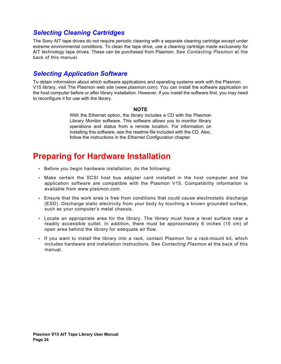 Selecting cleaning cartridges, Selecting application software, Preparing for hardware installation | Plasmon V15 User Manual | Page 26 / 138