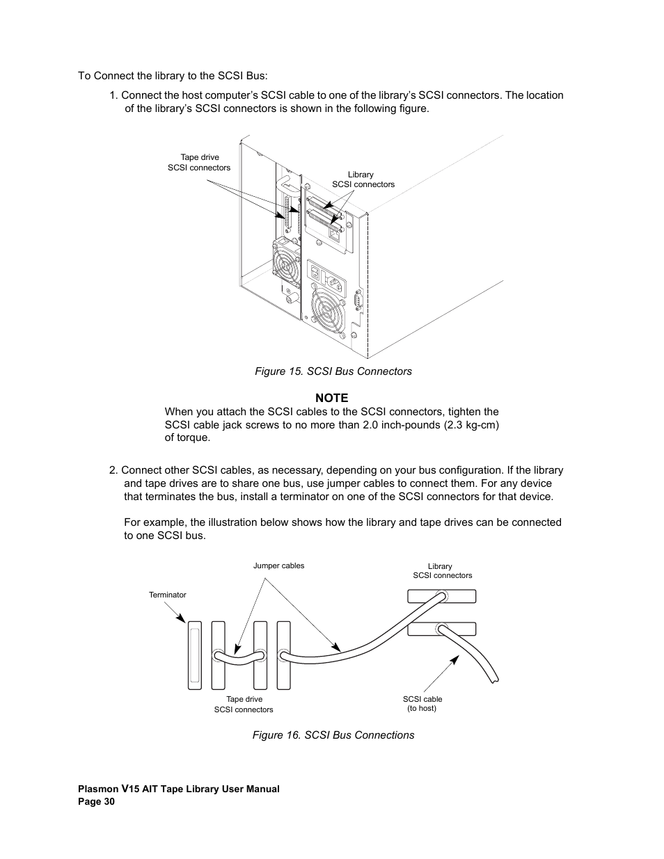 Scsi bus connectors scsi bus connections | Plasmon V15 User Manual | Page 32 / 138