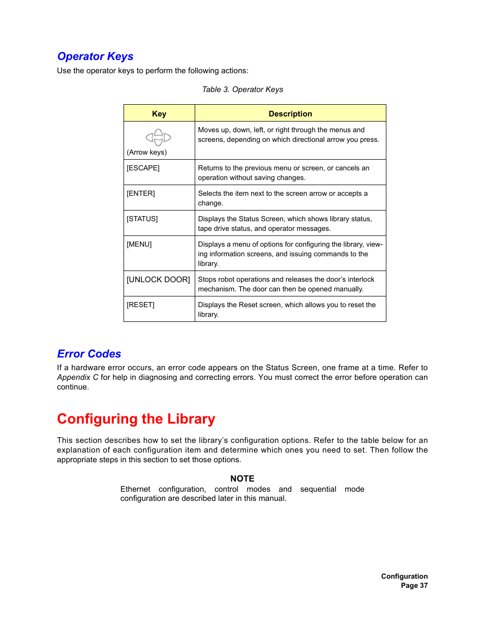 Operator keys, Error codes, Configuring the library | Operator keys error codes | Plasmon V15 User Manual | Page 39 / 138