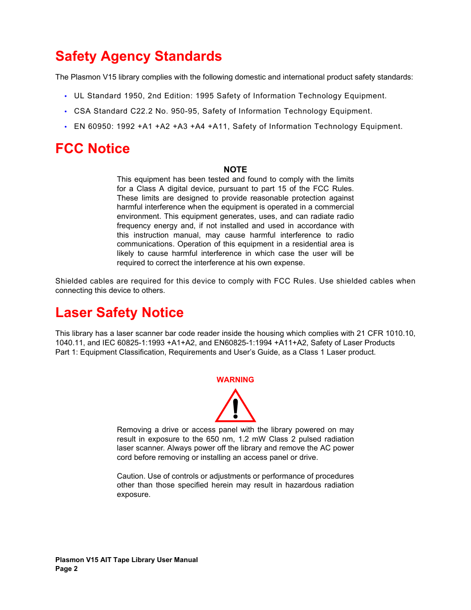 Safety agency standards, Fcc notice, Laser safety notice | Plasmon V15 User Manual | Page 4 / 138