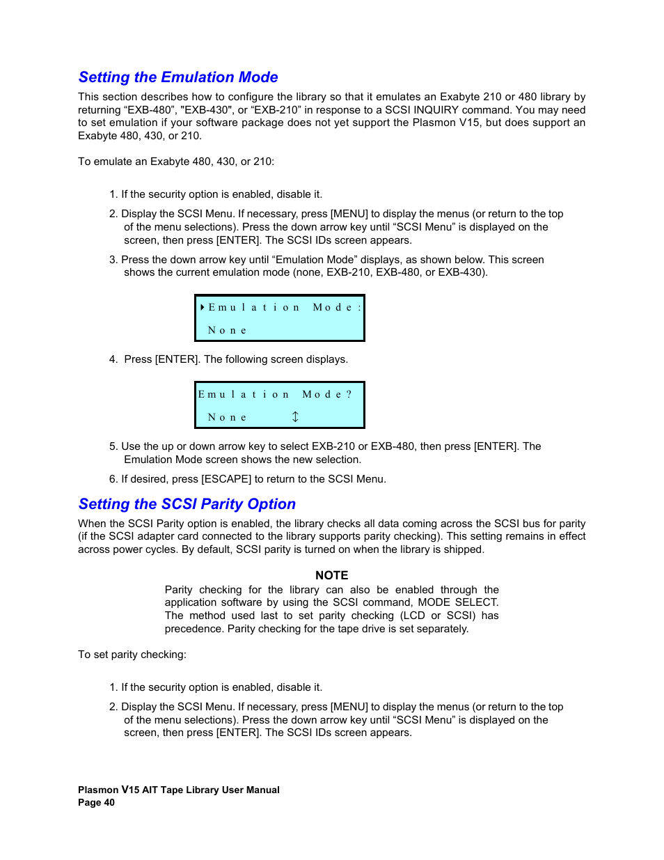 Setting the emulation mode, Setting the scsi parity option | Plasmon V15 User Manual | Page 42 / 138