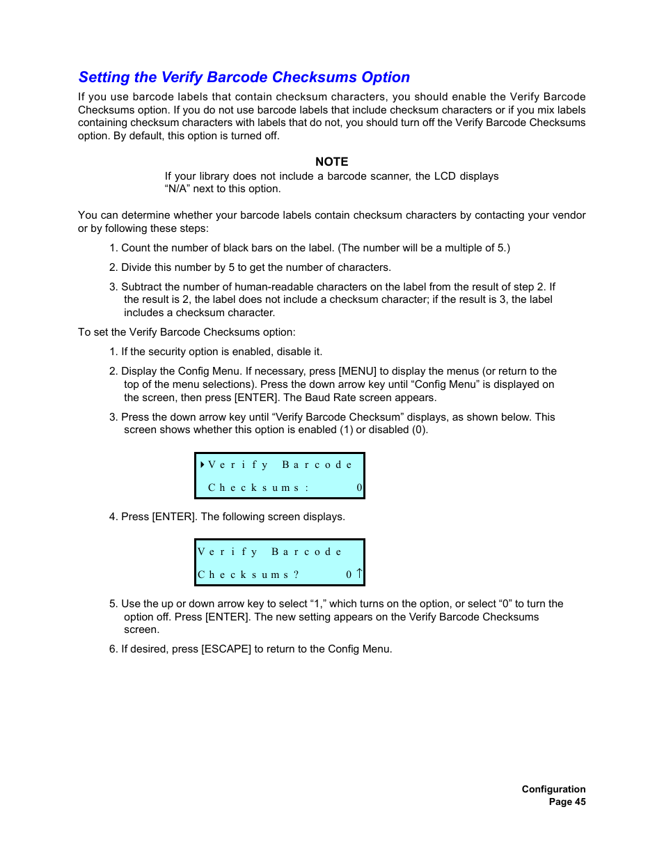 Setting the verify barcode checksums option | Plasmon V15 User Manual | Page 47 / 138