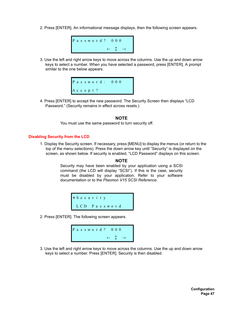 Disabling security from the lcd | Plasmon V15 User Manual | Page 49 / 138