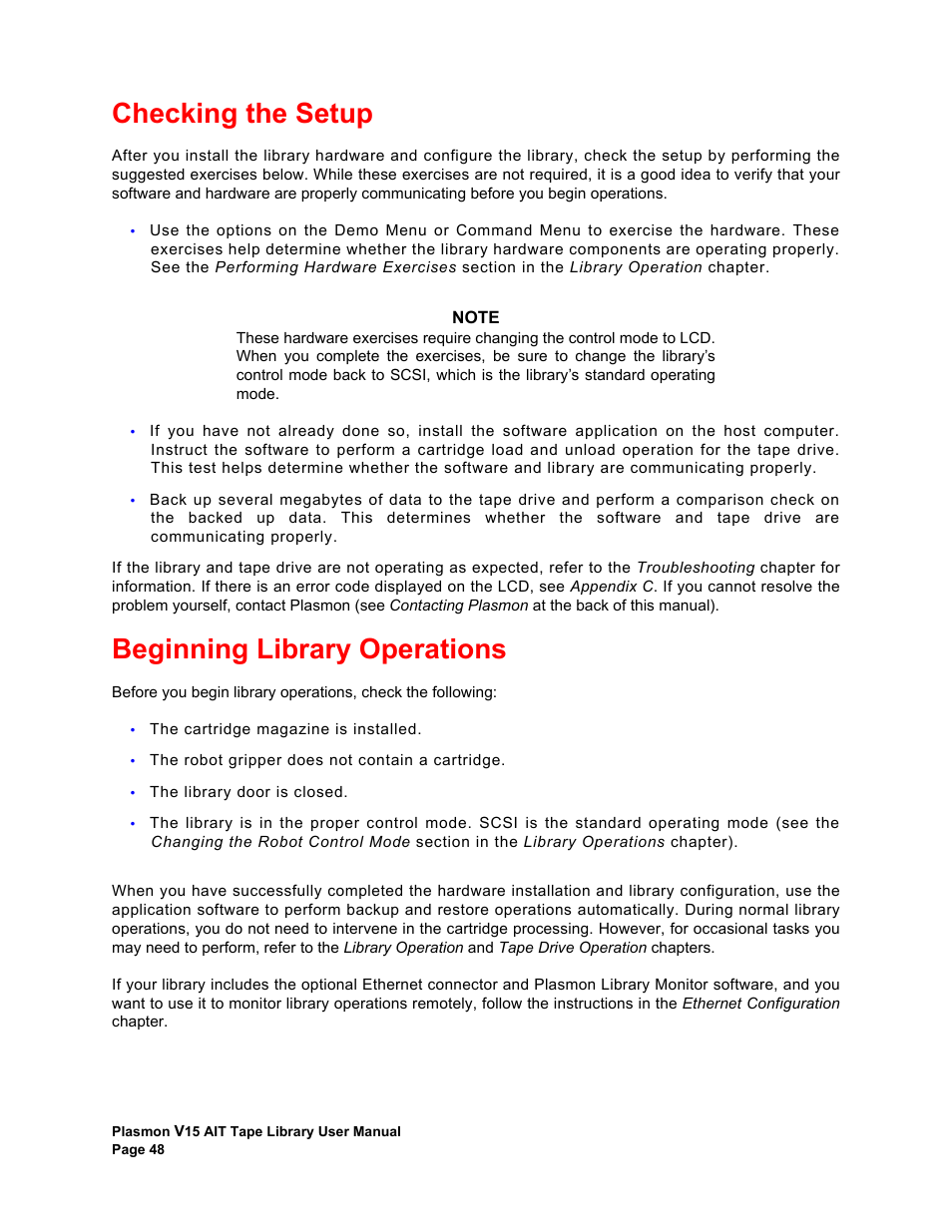 Checking the setup, Beginning library operations, Checking the setup beginning library operations | Plasmon V15 User Manual | Page 50 / 138