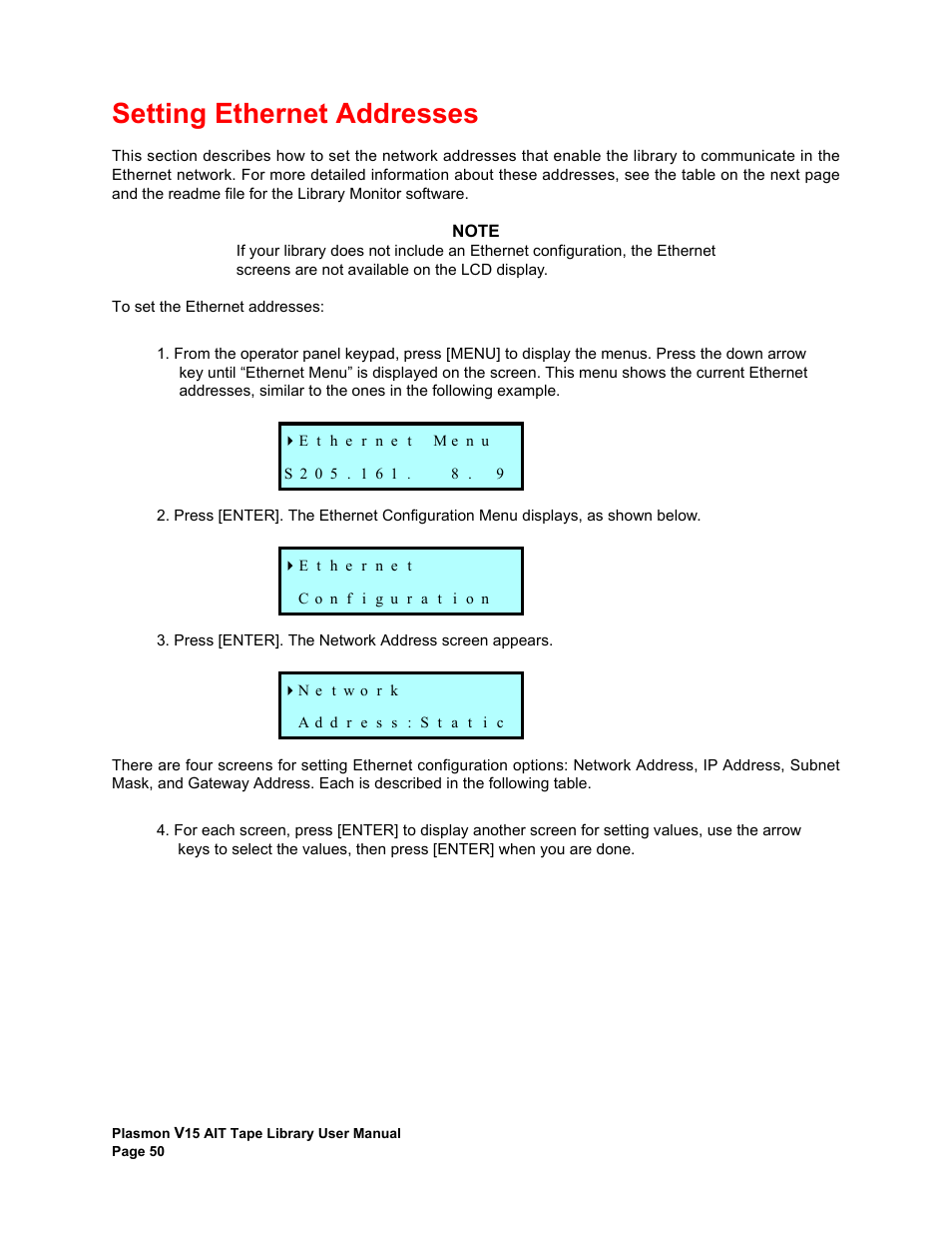 Setting ethernet addresses | Plasmon V15 User Manual | Page 52 / 138