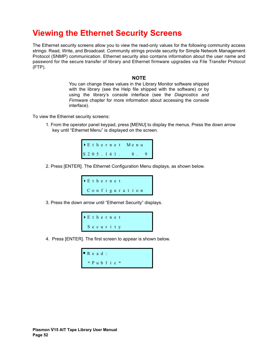 Viewing the ethernet security screens | Plasmon V15 User Manual | Page 54 / 138