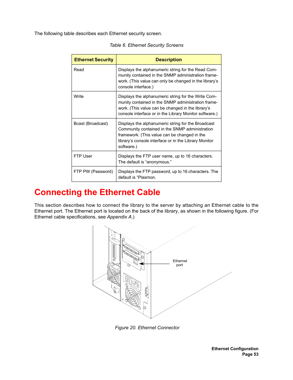 Connecting the ethernet cable, Ethernet connector, Ethernet security screens | Plasmon V15 User Manual | Page 55 / 138