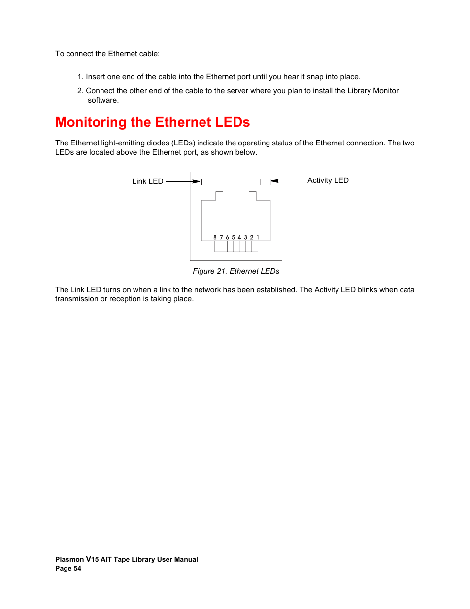 Monitoring the ethernet leds, Ethernet leds | Plasmon V15 User Manual | Page 56 / 138