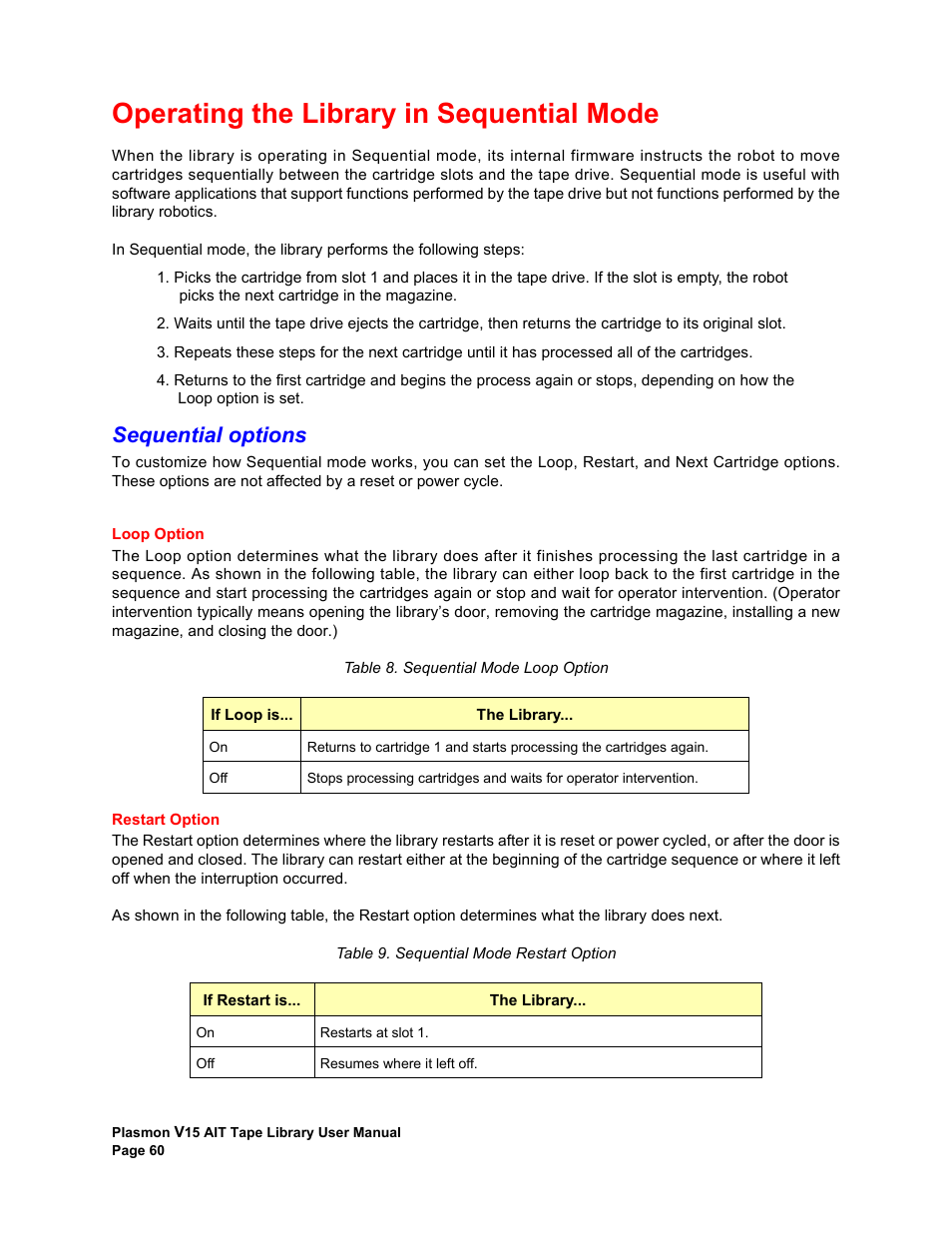 Operating the library in sequential mode, Sequential options, Loop option | Restart option, Loop option restart option | Plasmon V15 User Manual | Page 62 / 138
