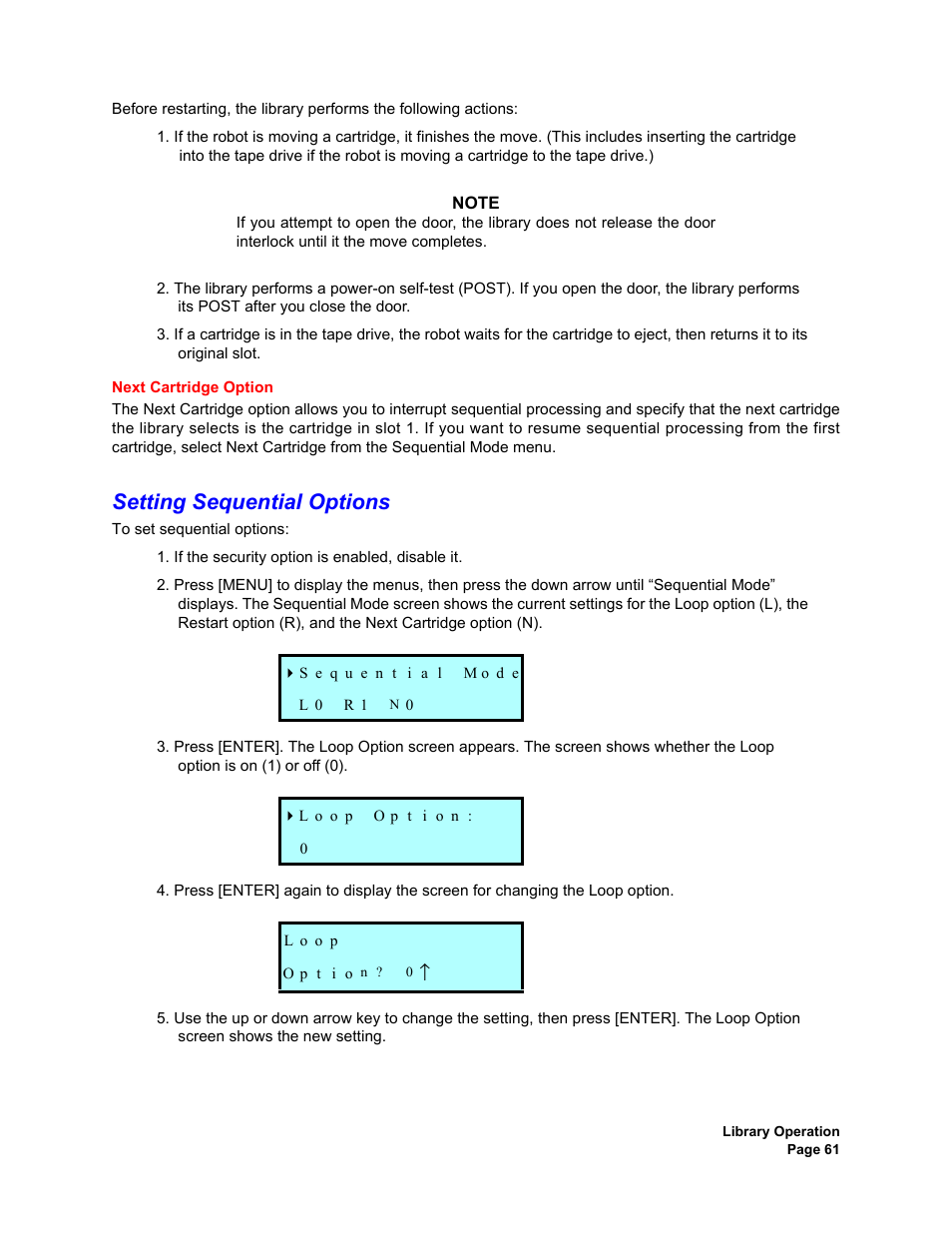Next cartridge option, Setting sequential options | Plasmon V15 User Manual | Page 63 / 138