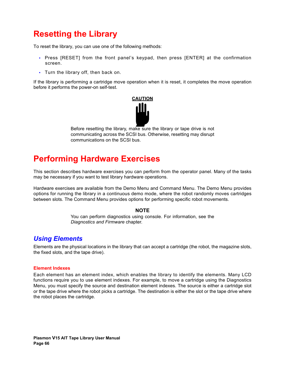 Resetting the library, Performing hardware exercises, Using elements | Element indexes | Plasmon V15 User Manual | Page 68 / 138