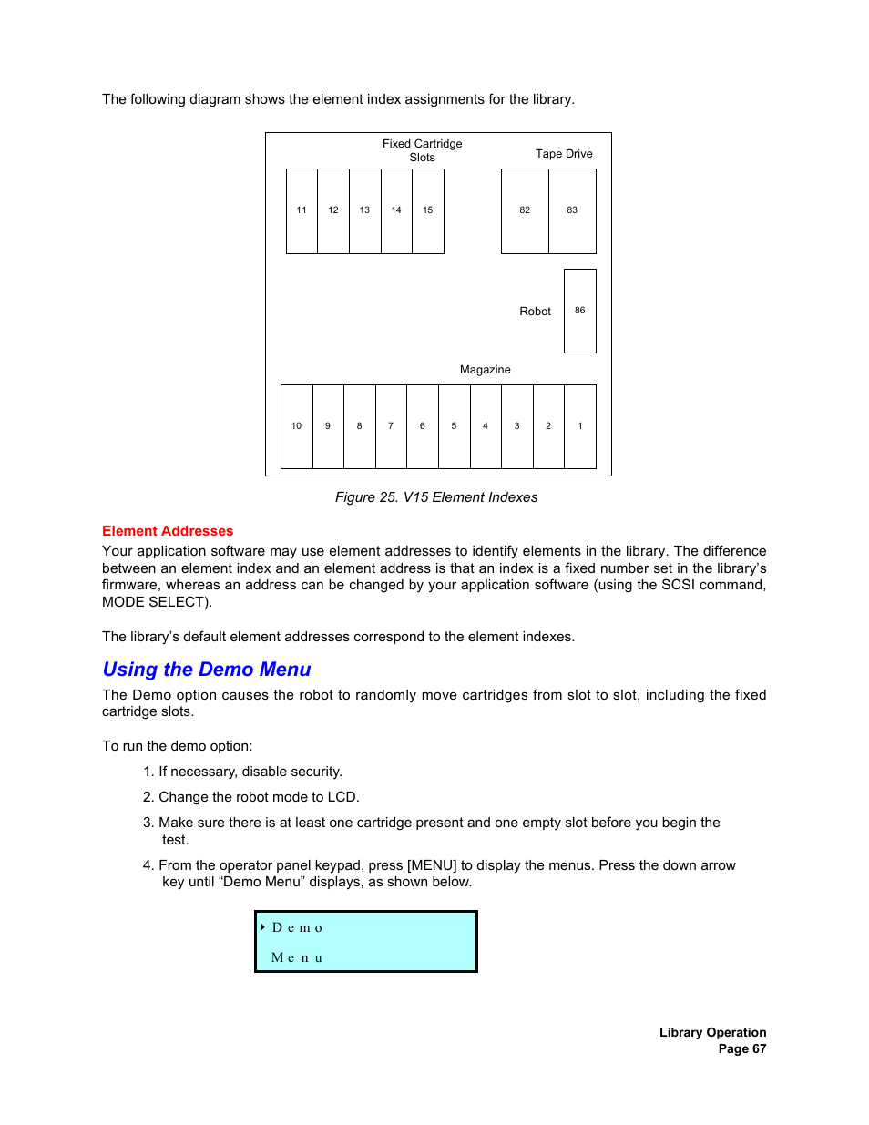 Element addresses, Using the demo menu, V15 element indexes | Plasmon V15 User Manual | Page 69 / 138