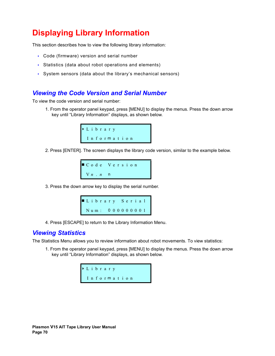 Displaying library information, Viewing the code version and serial number, Viewing statistics | Plasmon V15 User Manual | Page 72 / 138