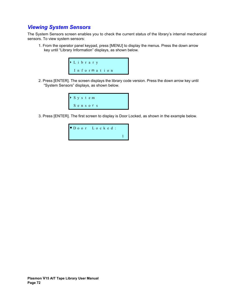 Viewing system sensors | Plasmon V15 User Manual | Page 74 / 138