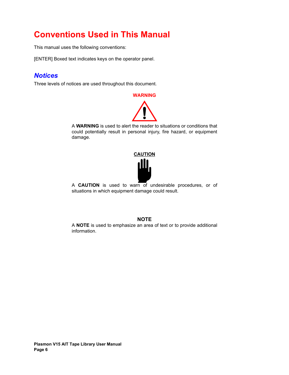 Conventions used in this manual, Notices | Plasmon V15 User Manual | Page 8 / 138