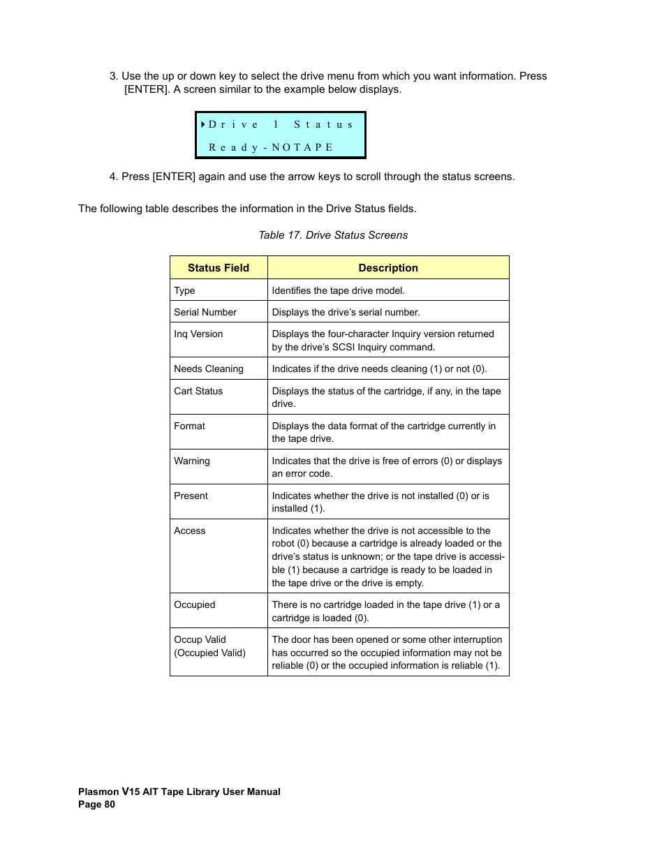 Drive status screens | Plasmon V15 User Manual | Page 82 / 138
