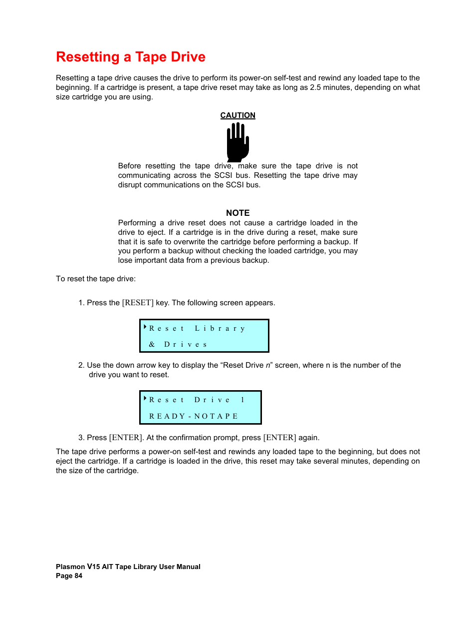 Resetting a tape drive | Plasmon V15 User Manual | Page 86 / 138
