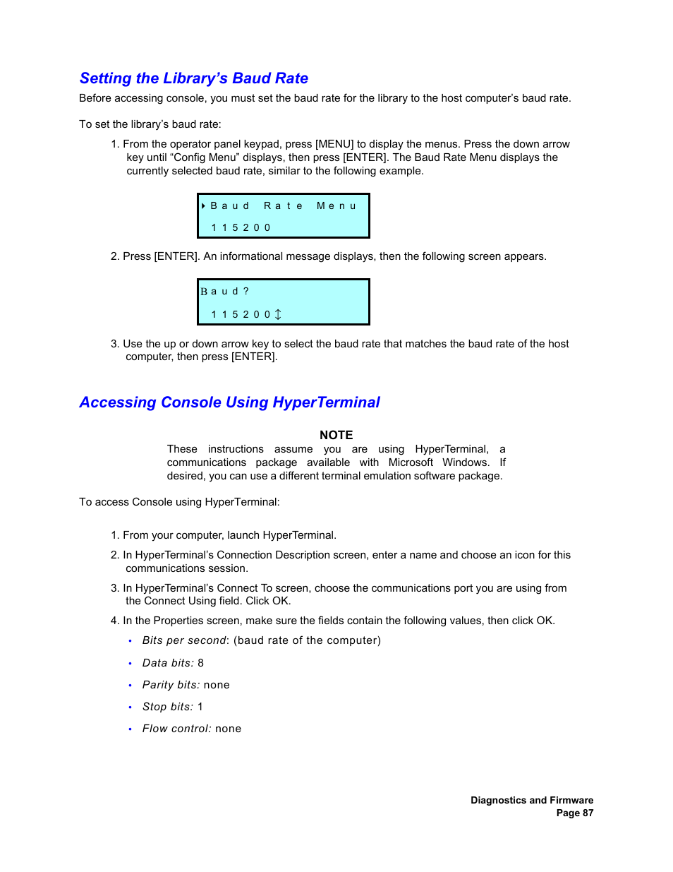 Setting the library’s baud rate, Accessing console using hyperterminal | Plasmon V15 User Manual | Page 89 / 138