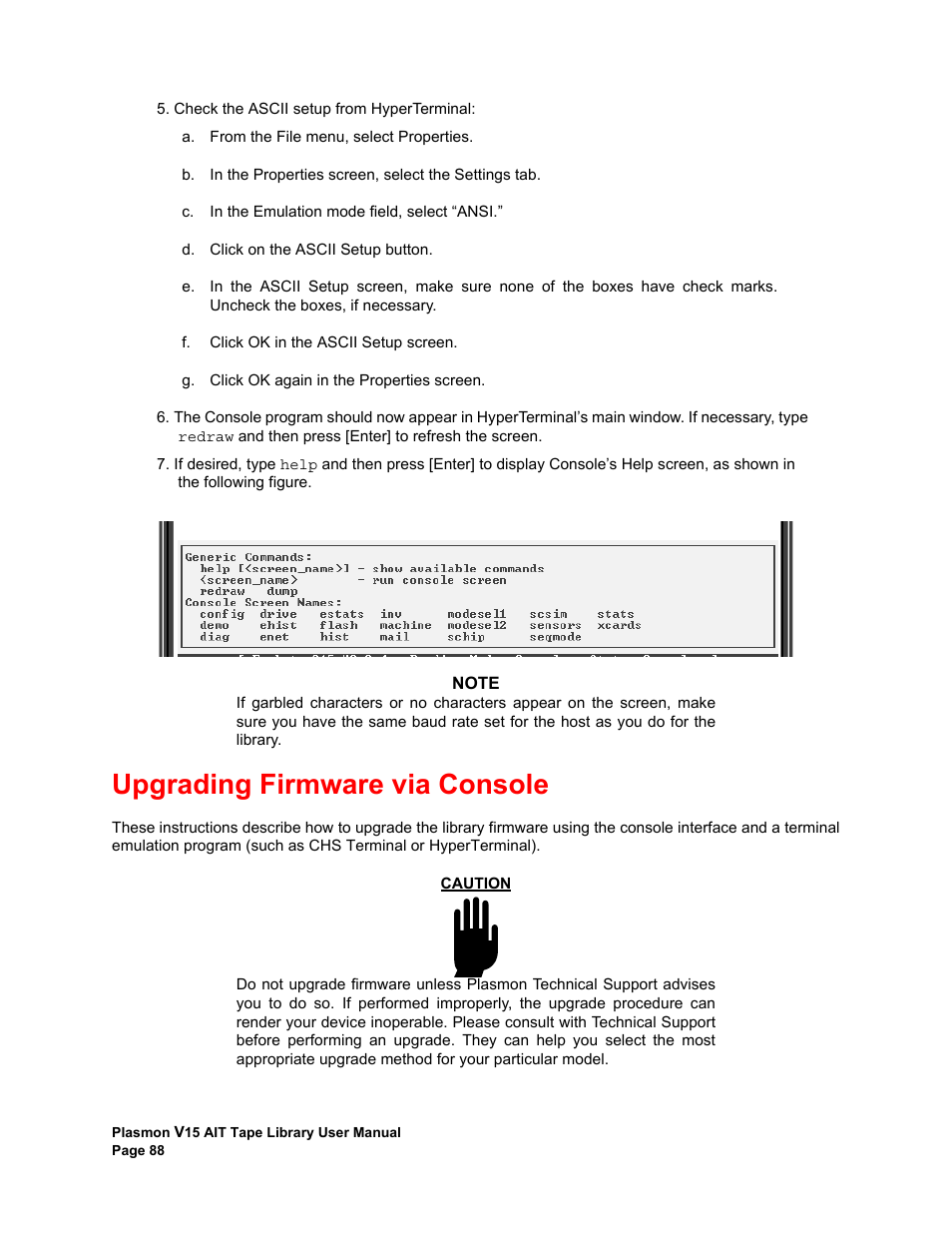 Upgrading firmware via console | Plasmon V15 User Manual | Page 90 / 138