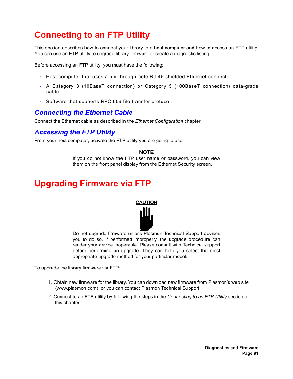 Connecting to an ftp utility, Connecting the ethernet cable, Accessing the ftp utility | Upgrading firmware via ftp | Plasmon V15 User Manual | Page 93 / 138