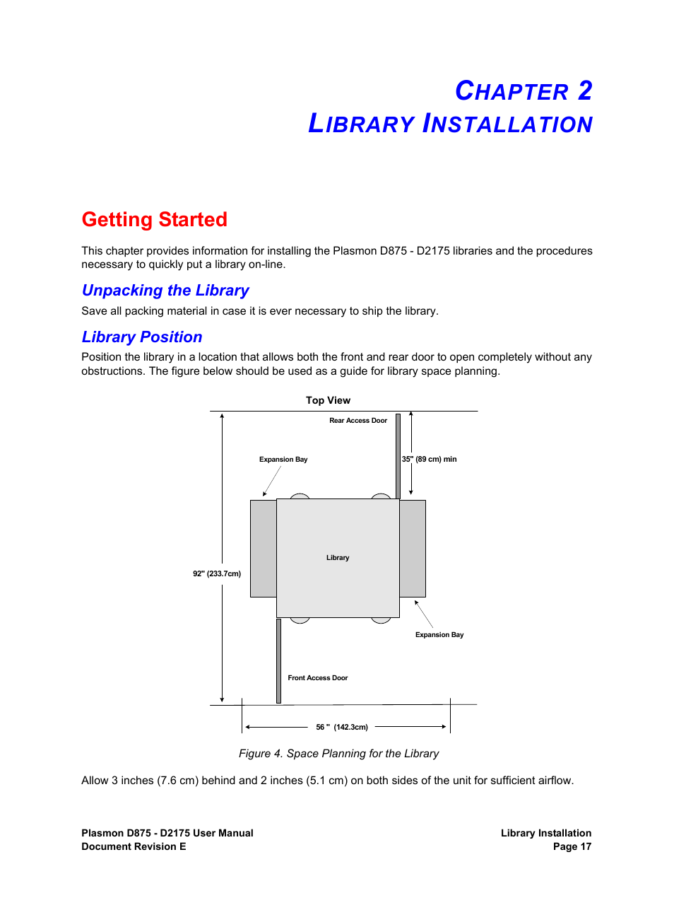 Chapter 2 library installation, Getting started, Unpacking the library | Library position, Hapter, Ibrary, Nstallation, Unpacking the library library position, Space planning for the library | Plasmon LIBRARIES D2175 User Manual | Page 19 / 90