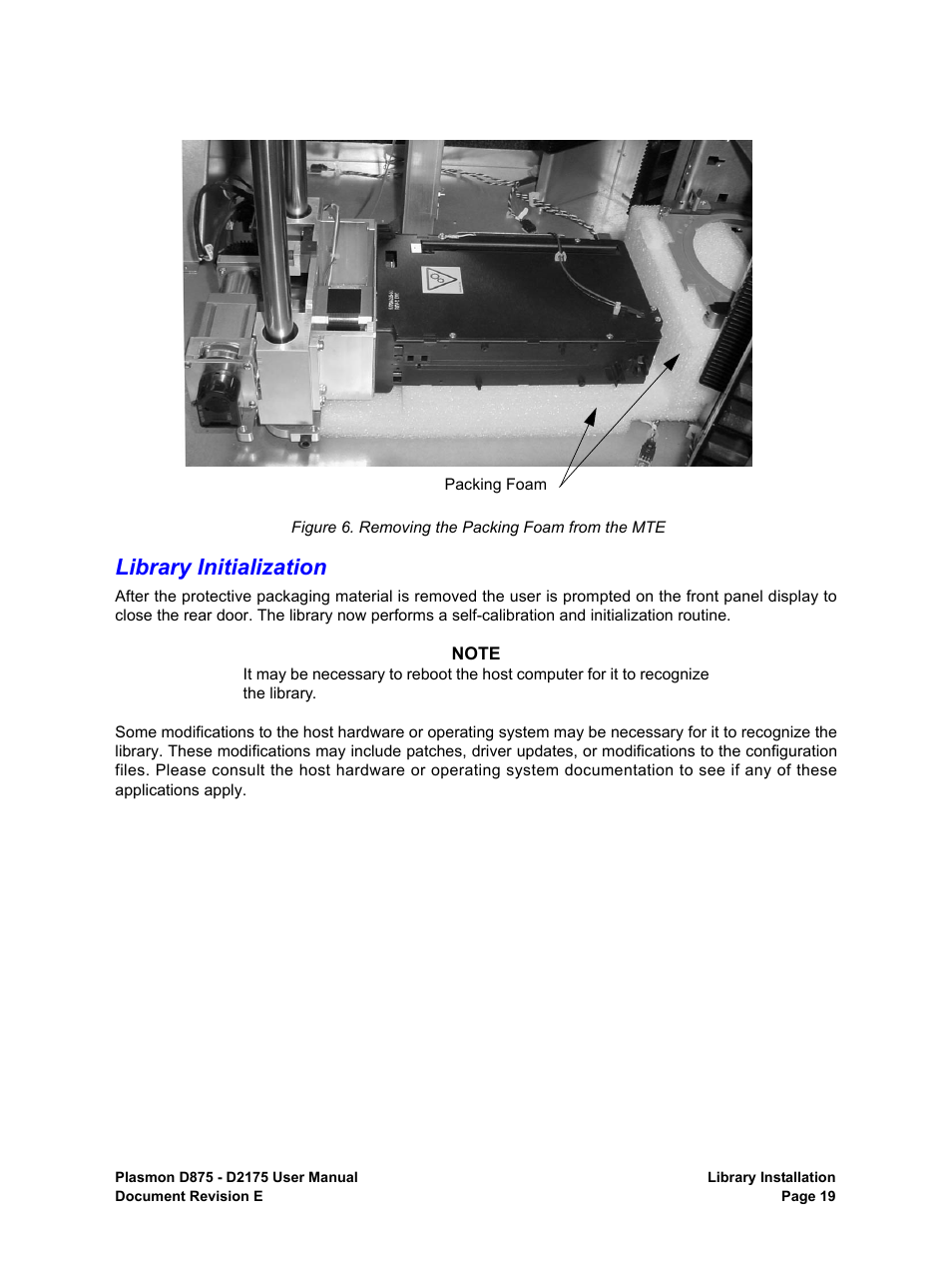 Library initialization, Removing the packing foam from the mte | Plasmon LIBRARIES D2175 User Manual | Page 21 / 90