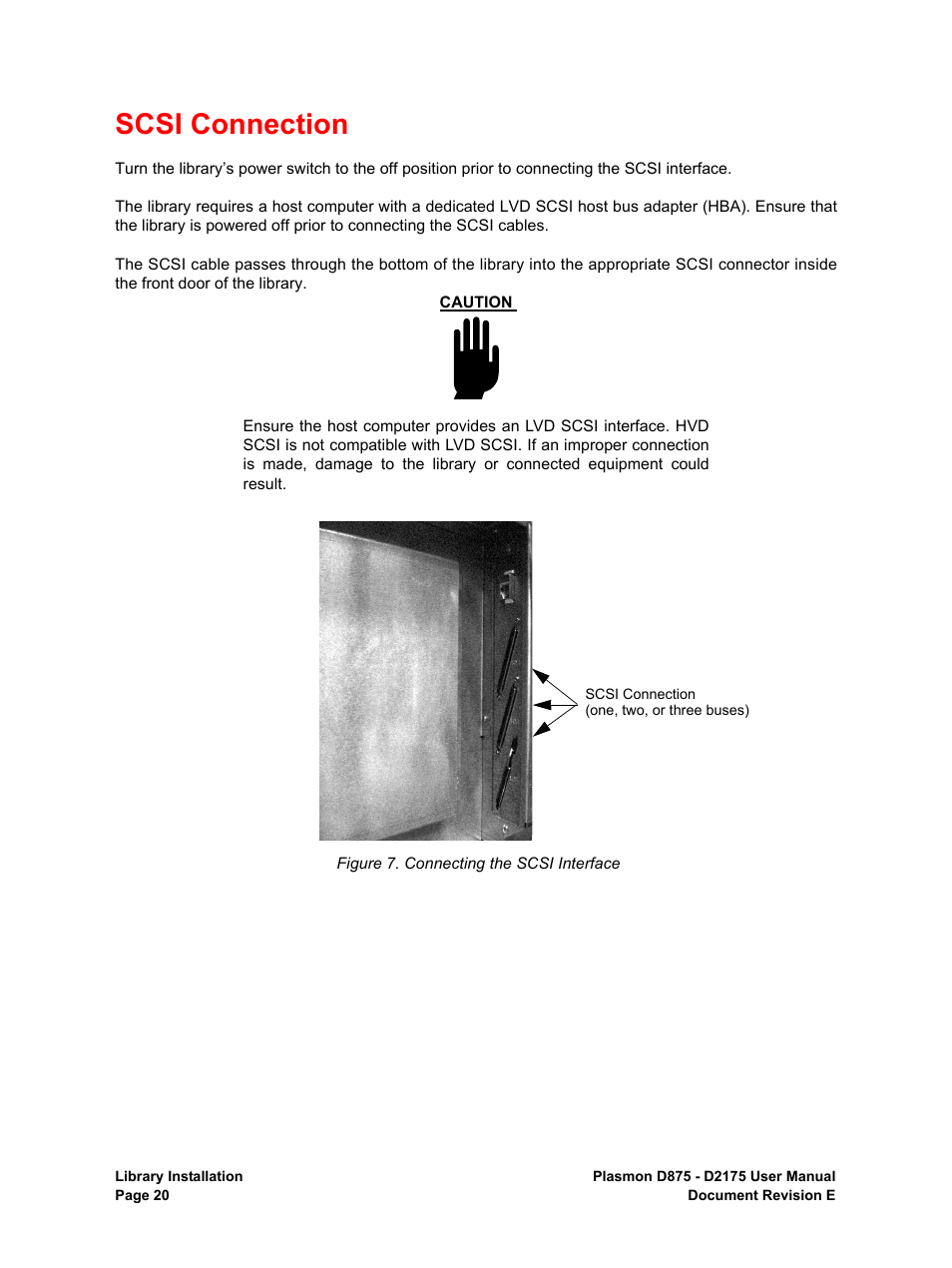 Scsi connection, Connecting the scsi interface | Plasmon LIBRARIES D2175 User Manual | Page 22 / 90
