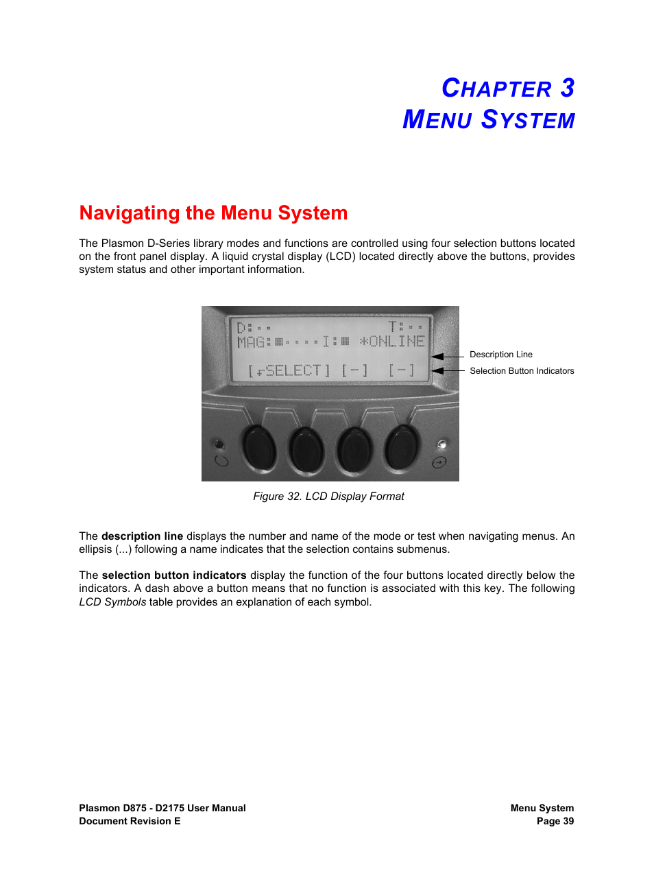 Chapter 3 menu system, Navigating the menu system, Hapter | Ystem, Lcd display format | Plasmon LIBRARIES D2175 User Manual | Page 41 / 90