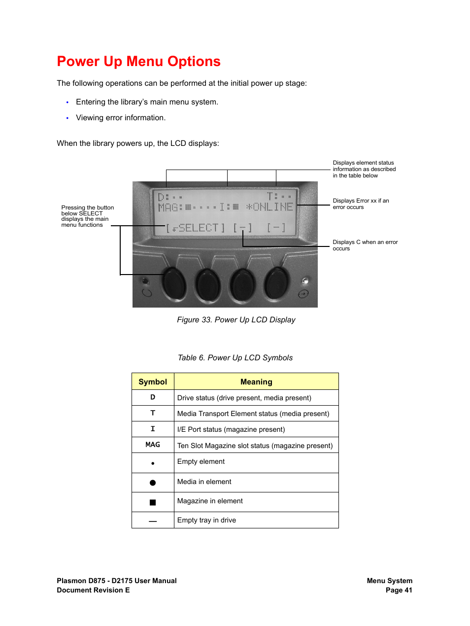 Power up menu options, Power up lcd display, Power up lcd symbols | Plasmon LIBRARIES D2175 User Manual | Page 43 / 90