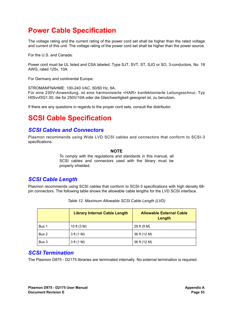 Power cable specification, Scsi cable specification, Scsi cables and connectors | Scsi cable length, Scsi termination, Power cable specification scsi cable specification, Maximum allowable scsi cable length (lvd) | Plasmon LIBRARIES D2175 User Manual | Page 55 / 90