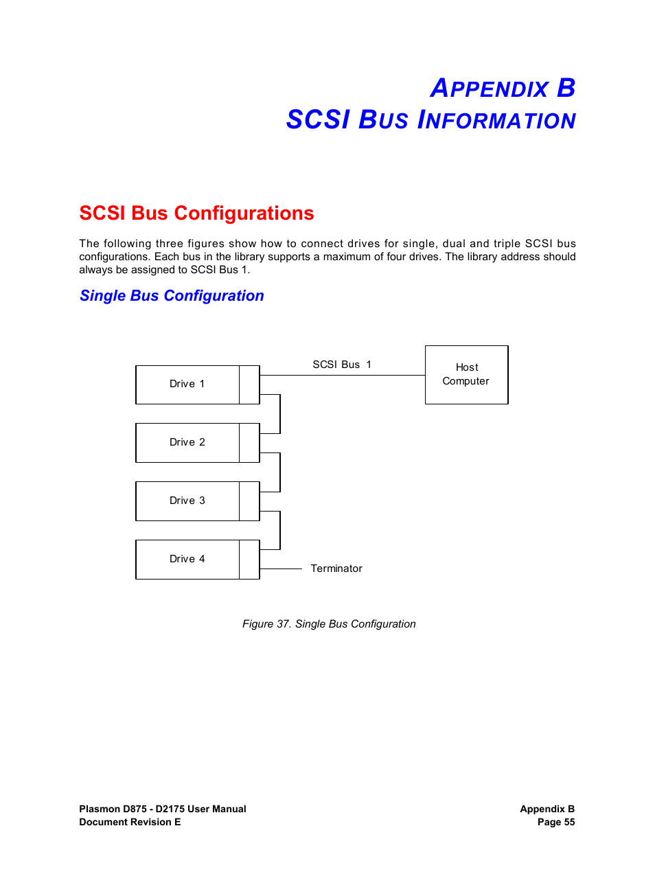 Appendix b scsi bus information, Scsi bus configurations, Single bus configuration | Ppendix, Scsi b, Nformation, Bscsi b | Plasmon LIBRARIES D2175 User Manual | Page 57 / 90
