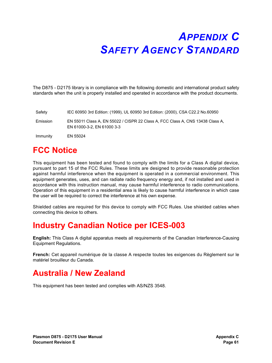 Appendix c safety agency standard, Fcc notice, Industry canadian notice per ices-003 | Australia / new zealand, Ppendix, Afety, Gency, Tandard | Plasmon LIBRARIES D2175 User Manual | Page 63 / 90