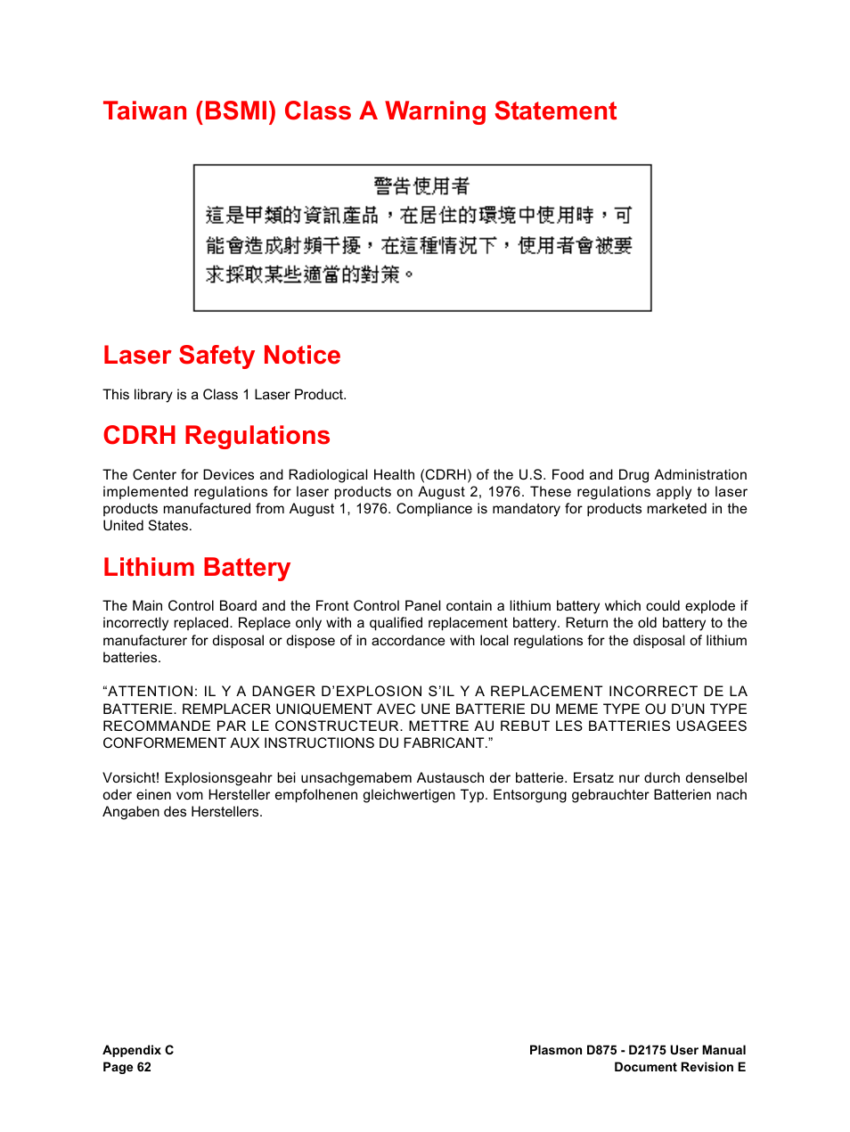 Taiwan (bsmi) class a warning statement, Laser safety notice, Cdrh regulations | Lithium battery | Plasmon LIBRARIES D2175 User Manual | Page 64 / 90