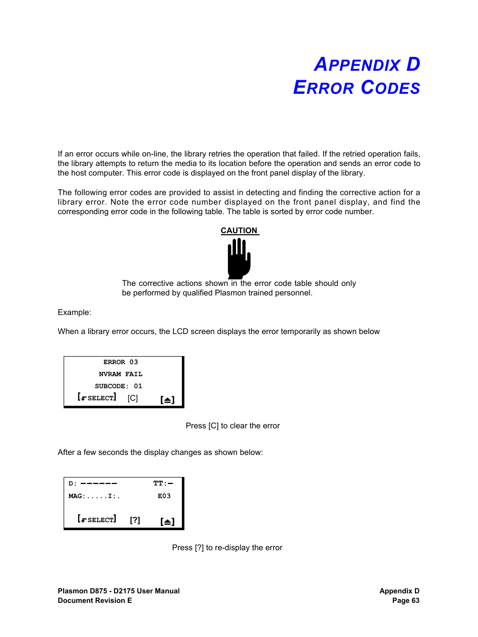 Appendix d error codes, Ppendix, Rror | Odes | Plasmon LIBRARIES D2175 User Manual | Page 65 / 90