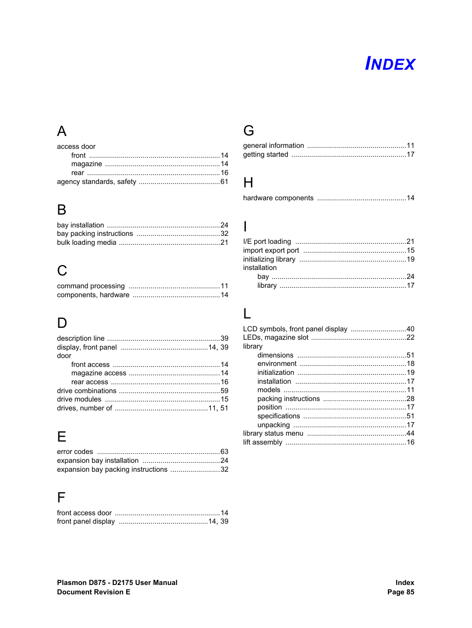 Index, Ndex | Plasmon LIBRARIES D2175 User Manual | Page 87 / 90
