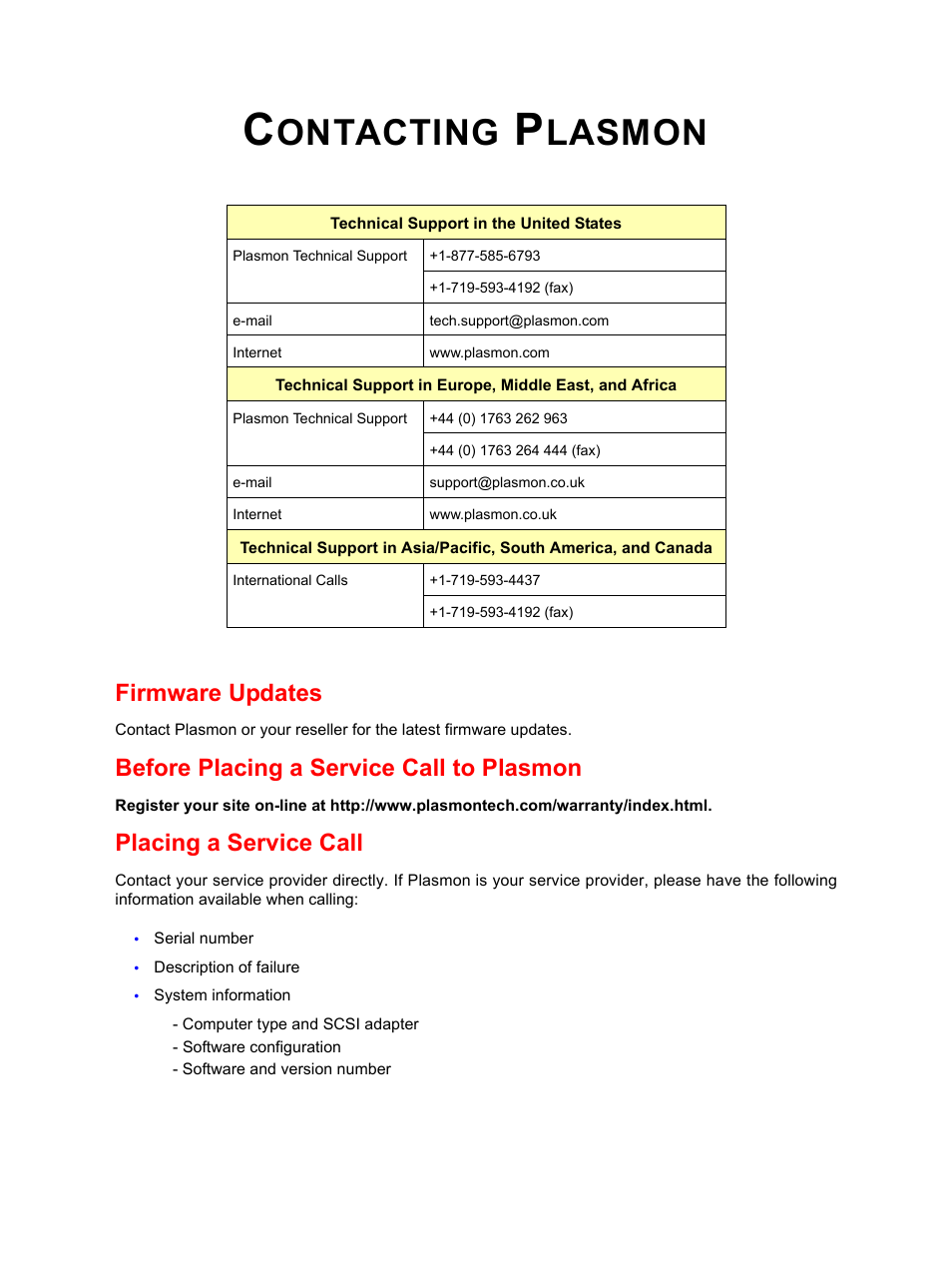 Contacting plasmon, Ontacting, Lasmon | Firmware updates, Before placing a service call to plasmon, Placing a service call | Plasmon LIBRARIES D2175 User Manual | Page 89 / 90