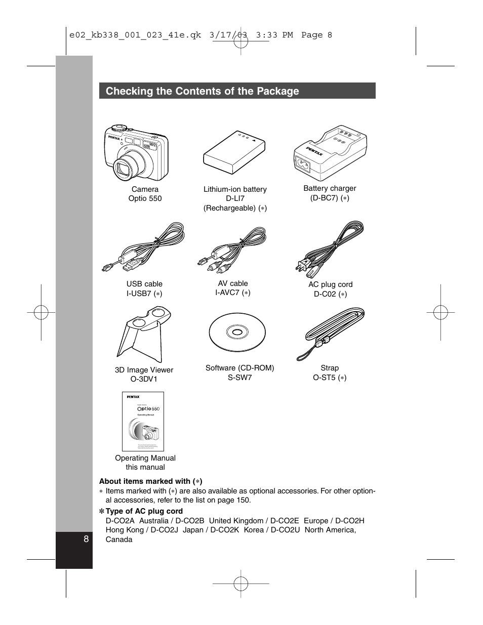 Checking the contents of the package | Pentax Optiio550 User Manual | Page 10 / 40